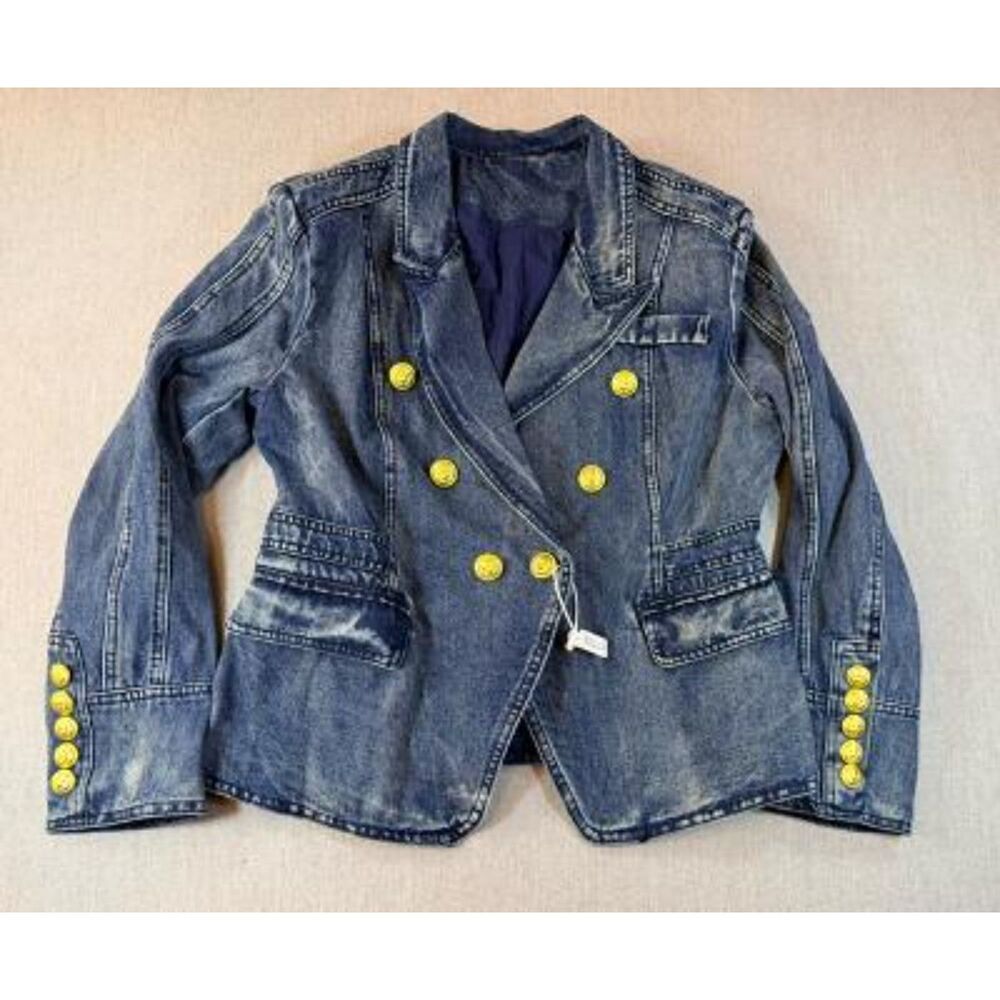 Double-breasted denim blazer features striking gold-tone embossed buttons